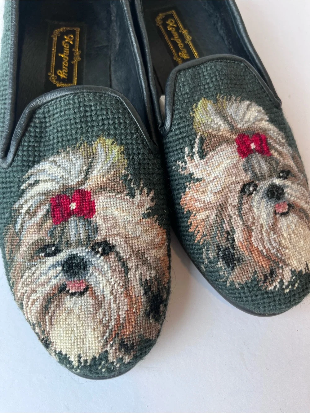 Vintage Needlepoint Yorkshire Terrier Dog Loafers Green Flats